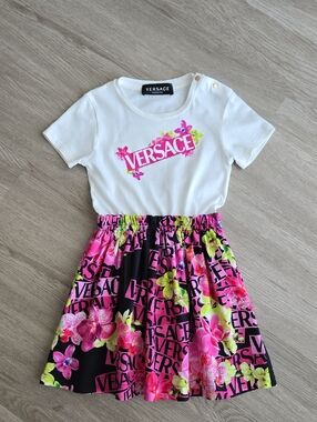 Versace Girls White, Pink & Neon Floral Logo Dress, Made In Italy, Size 3y